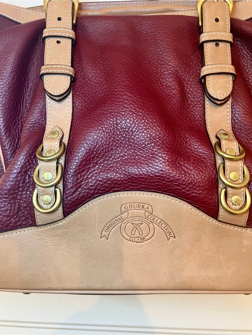 Ghurka Burgundy and Tan Leather Shopper Tote